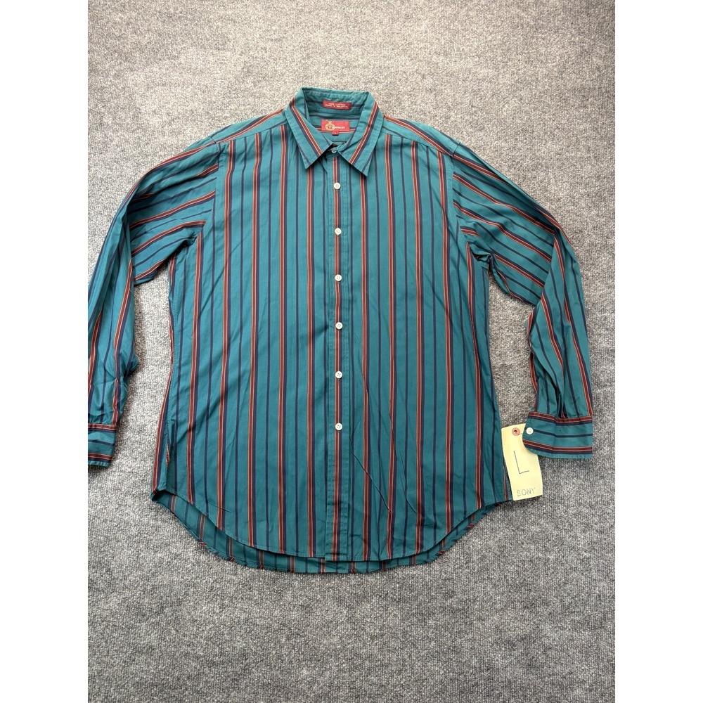 VTG 90s Timepieces Shirt Mens Large L Teal Green Maroon Striped Cotton Movie Pro